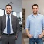 Two persons one in his office representing business bank accounts the other in his home representing personal bank accounts.